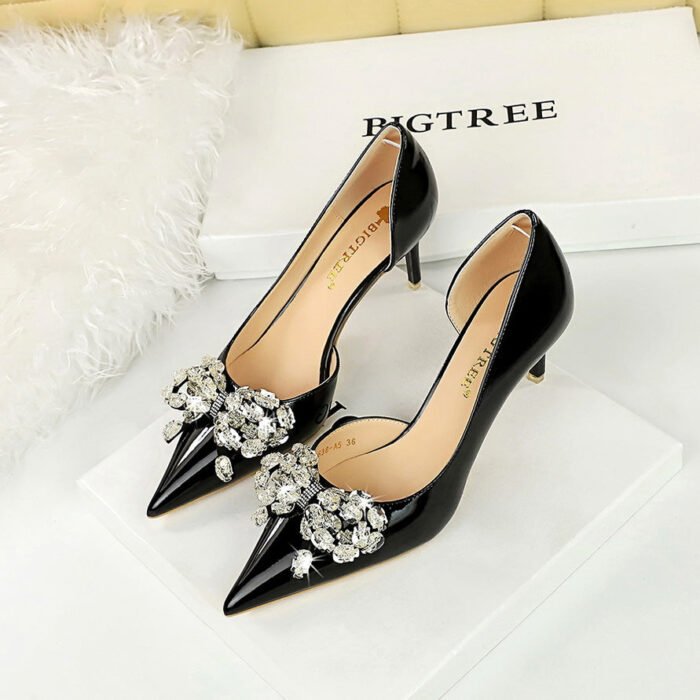 BIG TREE SHOES 638-Ah19 European and American Entry Lux Banquet Women's Shoes High Heel Stiletto Low Mouth Pointed Side Hollow Rhinestone Bow Pumps - Image 3
