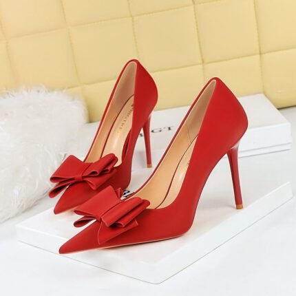 BIGTREE SHOES 3265-h2 Korean Style Fashion Skinny High Heels Stiletto Satin Shallow Mouth Pointed-Toe Bowknot Pumps High Heel Women's Shoes