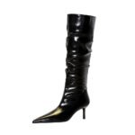 big tree shoes 328-18 Retro European American Style Winter New Middle Heel Fine Heel Pointed Patent Leather Wrinkled Tube Female Boots High Leg Boot - Image 5