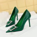 BIG TREE SHOES 3391-K28 Korean Style High Heels Women's Shoes Stiletto Heel Shallow Mouth Pointed Patent Leather Snake Pattern Rhinestone Buckle Pumps - Image 4