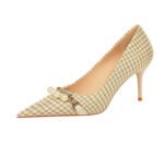 9283-A1 European and American thin-heeled high-heeled shallow-pointed cloth plaid houndstooth metal chain pearl shoes - Image 22