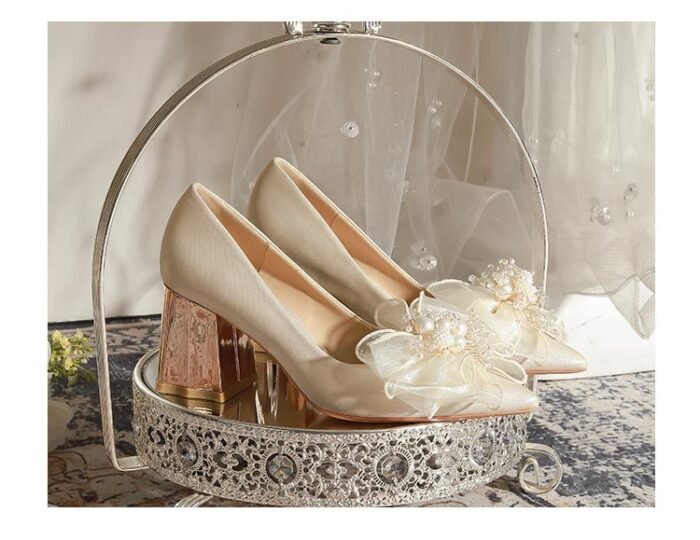 7118-16 Apricot High Heels Women's Pointed Toe Chunky Heel Wedding Shoes Niche High Sense Xiuhe Wedding Dress Engagement - Image 9