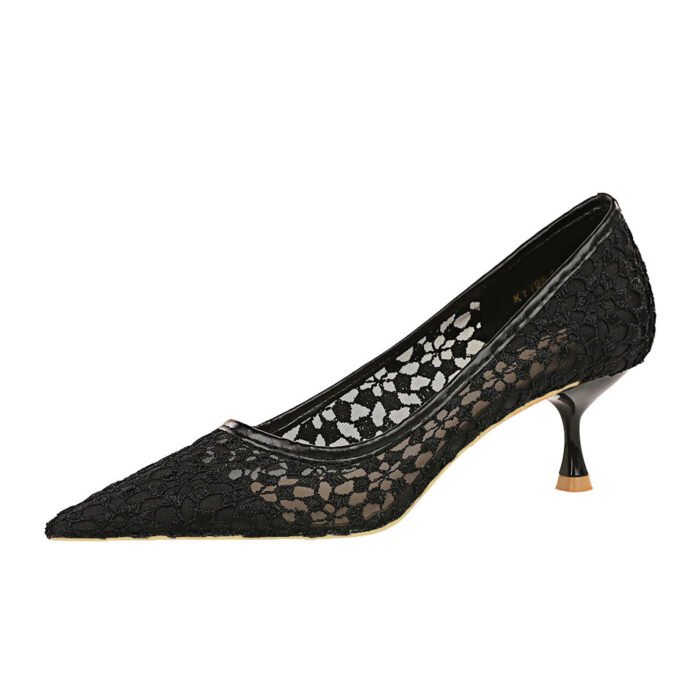 1961-5 European and American Style Fashion Banquet Women's Shoes Stiletto Mid-Heel Pointed Pointed Mesh Lace Sexy Slimming Pumps - Image 6
