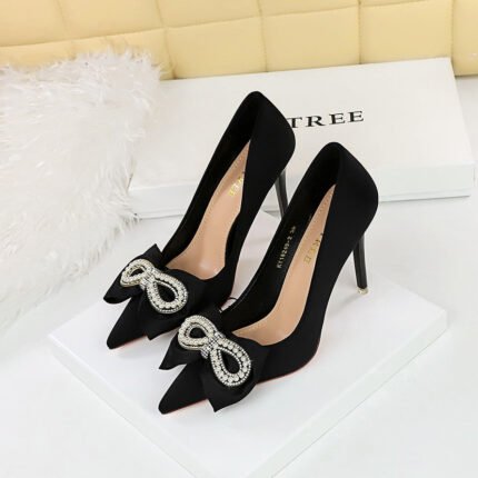 BIGTREE SHOES 18249-H28 Korean Style Banquet High Heels Stiletto Heel Shallow Mouth Pointed Satin Pearl Rhinestone Bow Single-Layer Shoes for Women