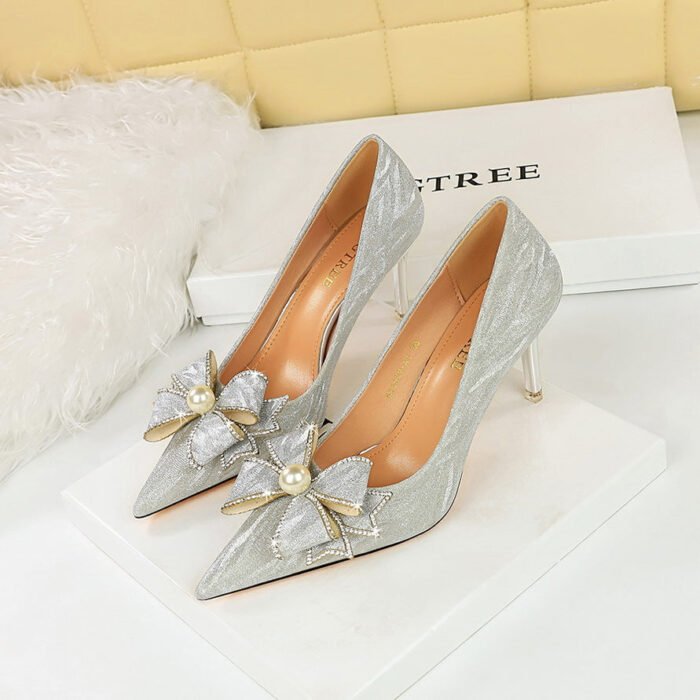 BIG TREE SHOES 1829-AH15 European and American Style Fashion Banquet Women's Shoes High Heels Stiletto Heel Bow Rhinestone Flower Shoes - Image 4