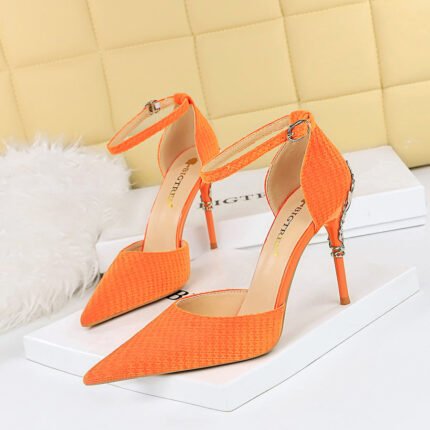 283-17 Korean Style High Heel Shoes Metal Heel Stiletto Heel Shallow Mouth Pointed Toe Suede Hollow Hollow-out Strap Sandals