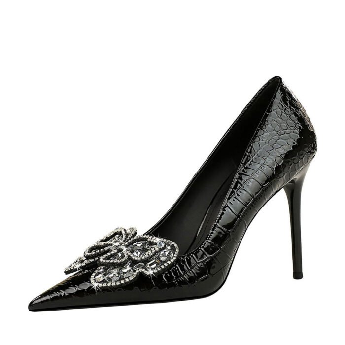 BIG TREE SHOES 3391-H23 Retro European American Style Banquet High Heels Patent Leather Stilettos Shallow Mouth Pointed Toe Rhinestone Bow Pumps Women - Image 5