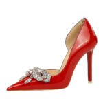 BIG TREE SHOES 638-H19 European and American High Heels Stiletto Heel Banquet Women's Shoes Shallow Mouth Pointed Side Hollow Patent Leather Rhinestone Bow Single - Image 5