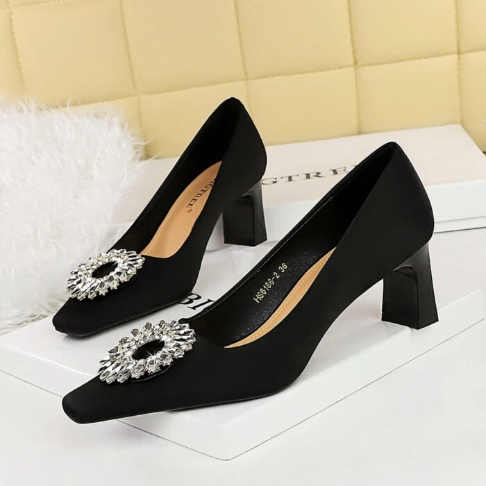 BIG TREE SHOES 6186-k29 European and American Style Fashion Banquet High Heel Women's Shoes Thick Heel Satin Low-Cut Square Toe Metal Rhinestone Buckle Pumps - Image 2