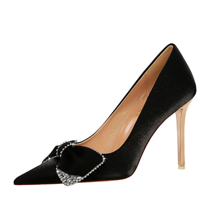 BIGTREE SHOES 1829-H31 European and American Banquet High Heels Women's Shoes Metal Heel Super High Heel Pointed Toe Satin Rhinestone Bow Pumps - Image 5