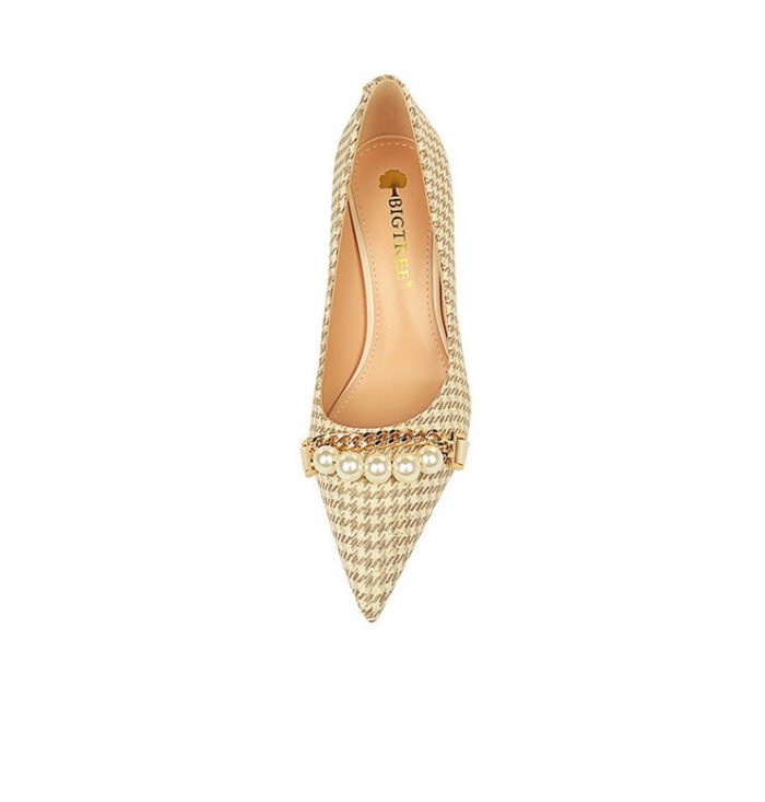 9283-A1 European and American thin-heeled high-heeled shallow-pointed cloth plaid houndstooth metal chain pearl shoes - Image 24