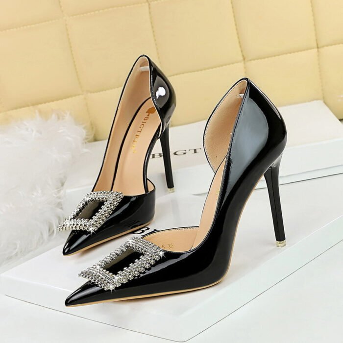 Bigtree Shoes 638-K63 Banquet High Heels Patent Leather Stilettos Shallow Mouth Pointed Side Hollow Square Metal Buckle Rhinestone Buckle Pumps - Image 1