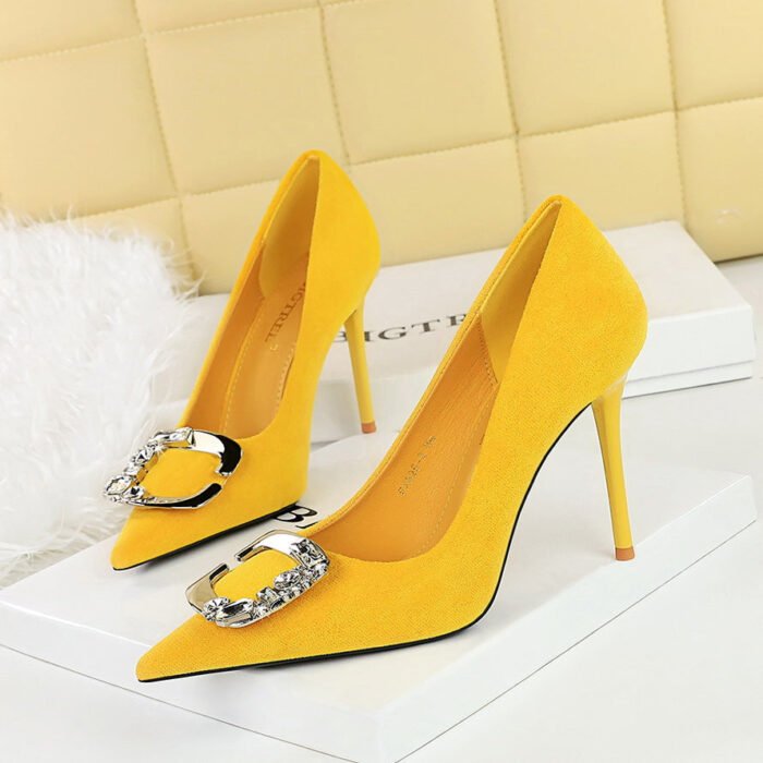 BIGTREE SHOES 825-K52 Banquet High Heels Women's Shoes Stiletto Heel Shallow Mouth Pointed Toe Suede Metal Rhinestone Belt Buckle Pumps - Image 4