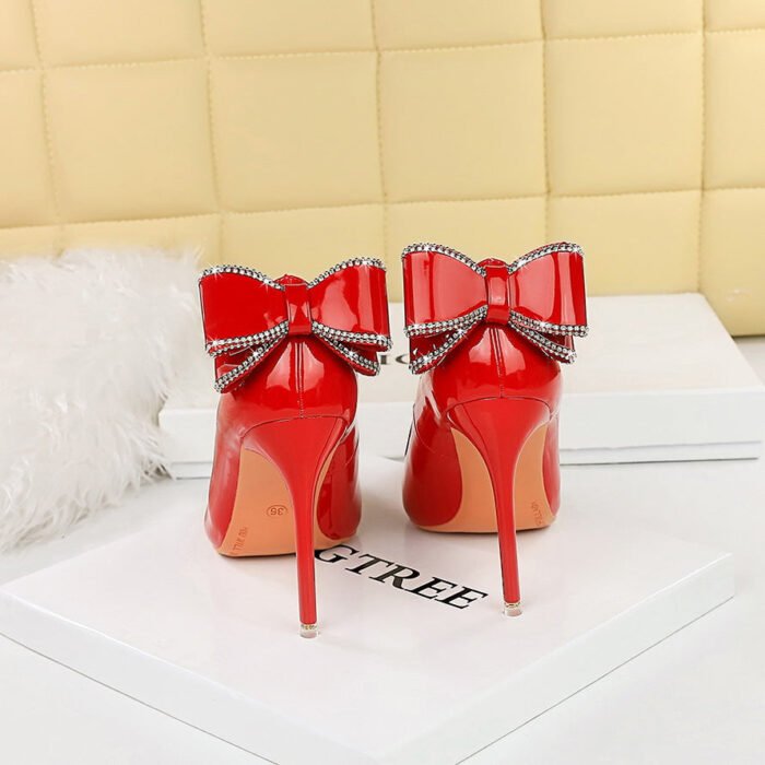 BIGTREE SHOES 9511-h35m European and American Style Banquet High Heels Stiletto Heel Shallow Mouth Pointed Patent Leather Back Bow High Heel Pumps Women - Image 3