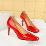 BIG TREE SHOES 7731-3 European and American Style Fashionable Simple Glossy High Heels Patent Leather Stilettos High Heel Low-Cut Square Toe Shoes Women's Shoes