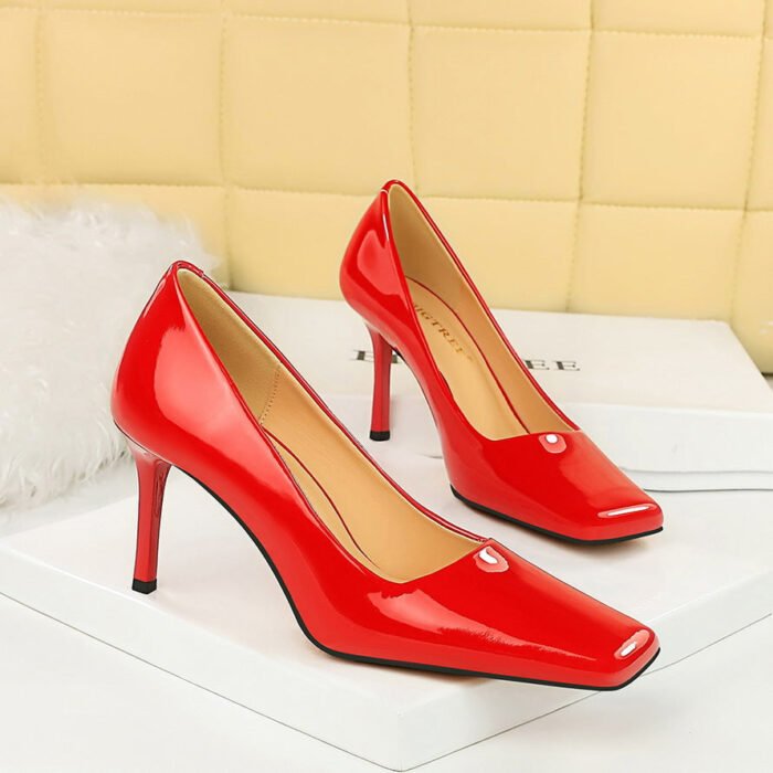 BIG TREE SHOES 7731-3 European and American Style Fashionable Simple Glossy High Heels Patent Leather Stilettos High Heel Low-Cut Square Toe Shoes Women's Shoes - Image 1