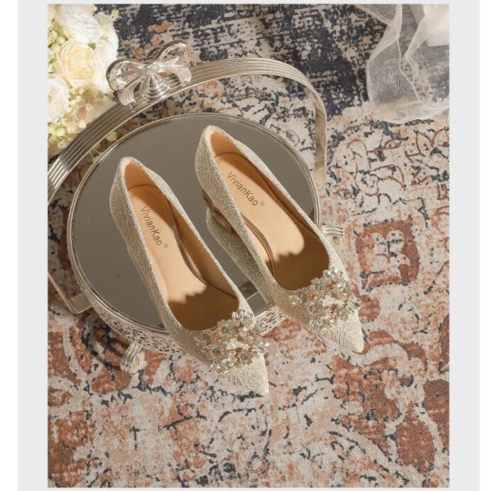 3118-6 Bridal Wedding Shoes Not Tired Women's French Flat Pointed Lace Elegant Single-Layer Shoes Pregnant Women Can Wear Daily - Image 7