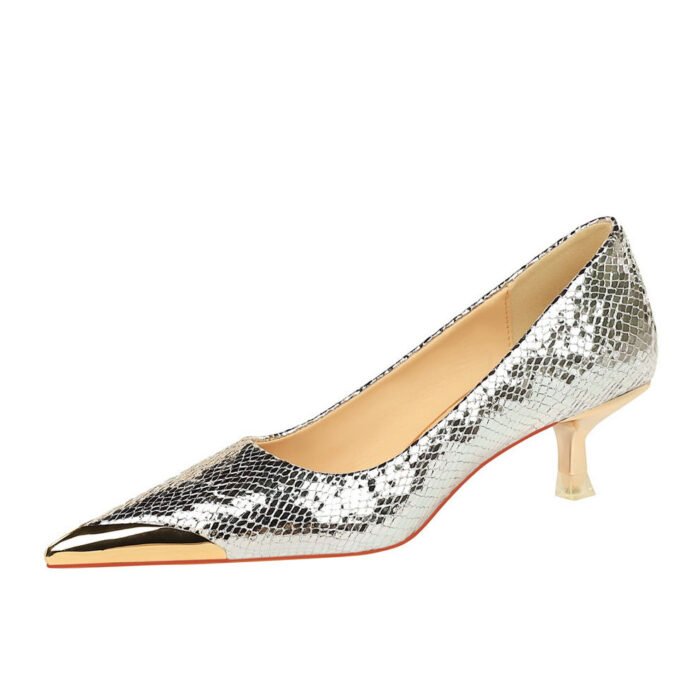 BIGTREE SHOES 237-29 European and American Style Banquet Women's Shoes Mid-Heel Low-Cut Metal Pointed Shining Sequin Cloth Snake Pattern Pumps Women's Shoes - Image 5