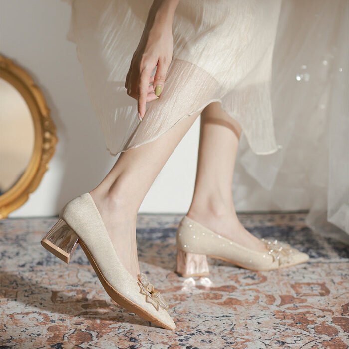 5118-51 Pointed Toe Chunky Heel Shoes Women's Chunky Heel High Sense Xiuhe Wedding Dress Annual Meeting Pumps - Image 4