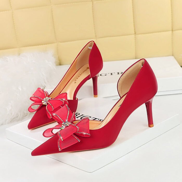 BIGTREE SHOES 3226-Ah38 Korean Style Fashion Banquet Women's Shoes Stiletto Low-Cut Pointed Toe Rhinestone Lace Bow High Heel Pumps - Image 2
