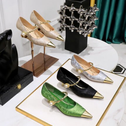 BIGTREE SHOES 237-23 National Style Women's Shoes Stiletto Heel Metal Heel Mid Heel Patchwork Assorted Colors Pointed Toe Shallow Mouth Strap Pearl Shoes Women