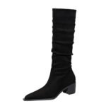 big tree shoes 009-17 Retro European American Style Knight Boots Winter Fashion Women's Boots Mid Heel Chunky Heel Pointed Toe Suede Wrinkle High Leg Boot - Image 5