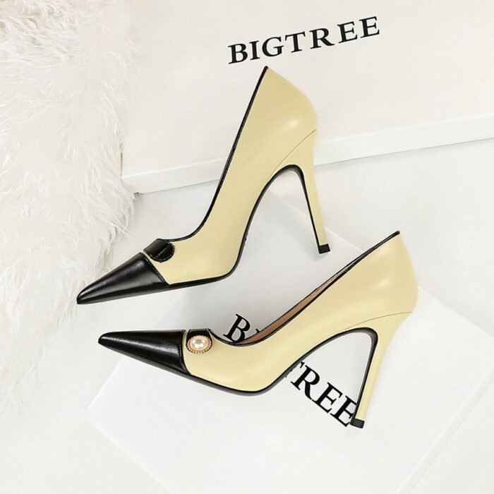 BIGTREE SHOES 1198-H50 retro European and American style high heels thin heel ultra high heel shallow mouth pointed pearl color matching pointed women's shoes - Image 2