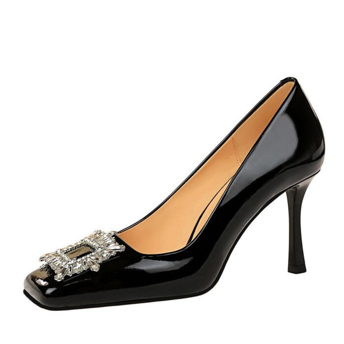 BIG TREE SHOES 7792-3k82 Korean Style Banquet Women's Shoes Super High Heel Shallow Mouth Patent Leather Square Toe Metal Rhinestone Buckle Pumps High Heels - Image 5