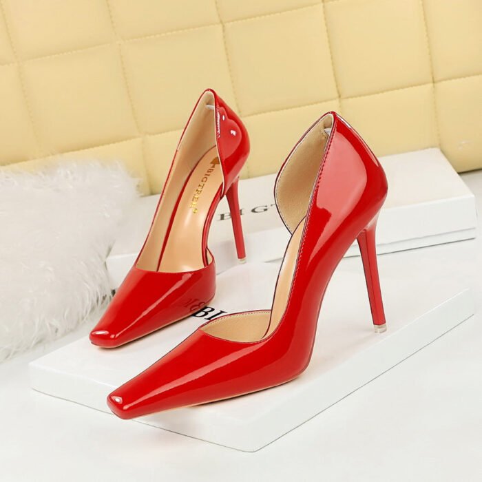 BIG TREE SHOES 328 7-1 European and American Style Simple Stiletto Heel Women's Shoes Shiny Patent Leather Low-Cut Square Toe Side Hollow High Heel Pumps - Image 1