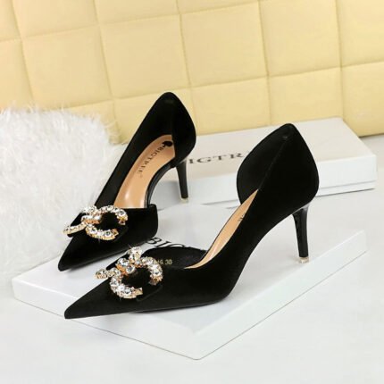 BIGTREE SHOES 1363-Ak77 Banquet High Heels Women's Shoes Suede Shallow Mouth Pointed Toe Side Hollow Rhinestone Pearl Bow Pumps