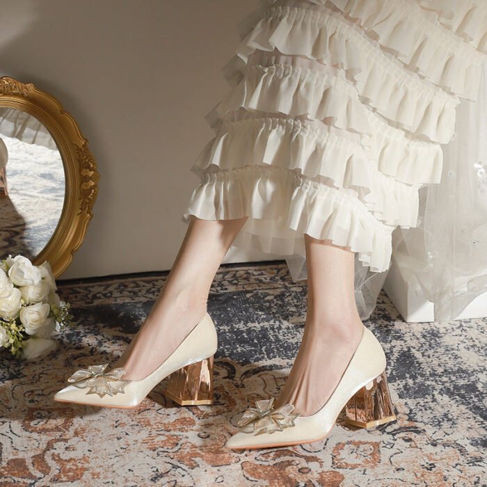 7118-51 Apricot Flower High Heel Women's Chunky Heel High-Grade Xiuhe Wedding Dress Engagement Annual Meeting Pumps - Image 2