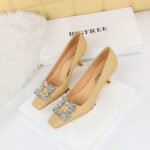 BIG TREE SHOES 6183-K20 Korean Style Women's Shoes Wine Cup Very High Very Low-Cut Square Toe Rhinestone Buckle New Spring and Autumn Shoes Women's High Heels - Image 3