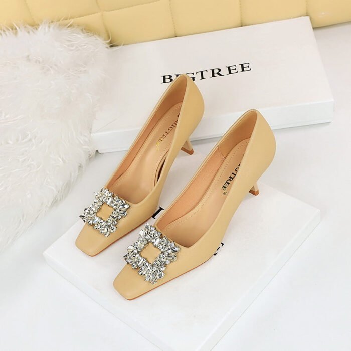 BIG TREE SHOES 6183-K20 Korean Style Women's Shoes Wine Cup Very High Very Low-Cut Square Toe Rhinestone Buckle New Spring and Autumn Shoes Women's High Heels - Image 3
