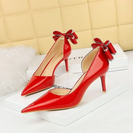BIG TREE SHOES 638-ah35m Korean Style Banquet High Heels Stiletto Low-Cut Pointed Side Hollow Patent Leather Back Bow Women's Shoes