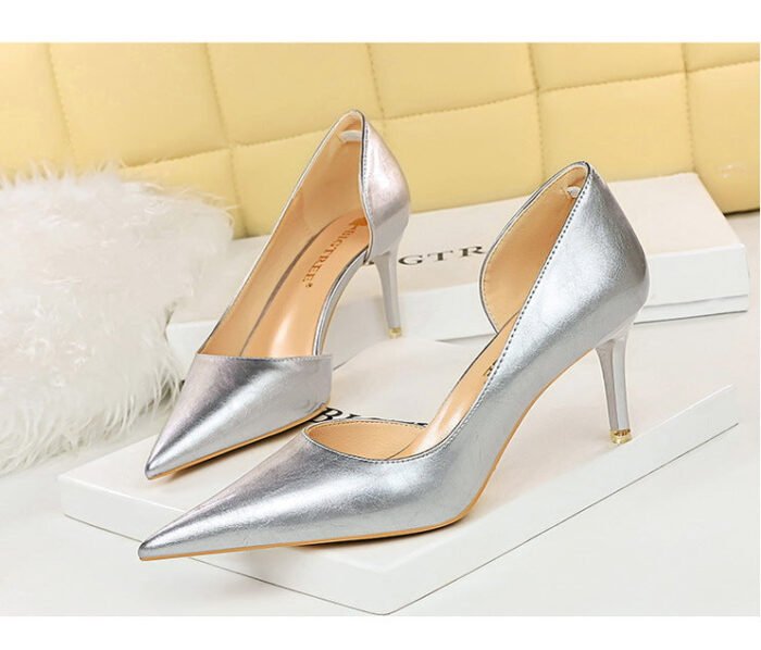1363-A2 Korean fashion slim banquet fine heel high heel shallow pointed side hollow patent leather women's shoes single shoes high - Image 16