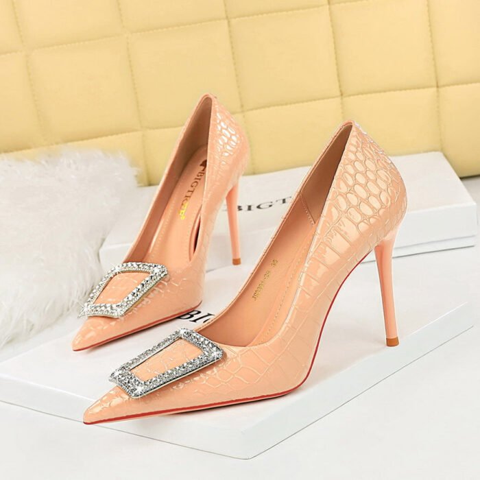BIG TREE SHOES 3391-K28 Korean Style High Heels Women's Shoes Stiletto Heel Shallow Mouth Pointed Patent Leather Snake Pattern Rhinestone Buckle Pumps - Image 2