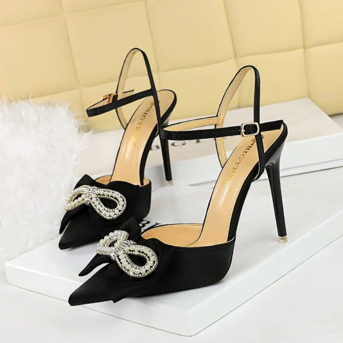 BIGTREE SHOES 86-H28 Summer High Heels Women's Shoes Stiletto Heel Shallow Mouth Pointed Toe Satin Bow Hollow-out Strap High Heel Sandals - Image 2