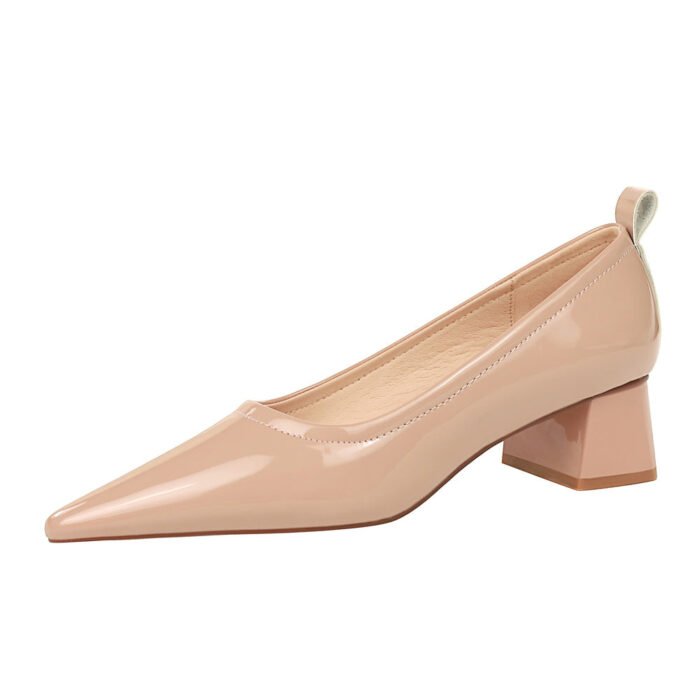 1235-1 Korean Fashion Simple Comfortable All-Matching Chunky Heel Mid Heel Patent Leather Shallow Mouth Pointed Business Ol Women's Thin Shoes - Image 6