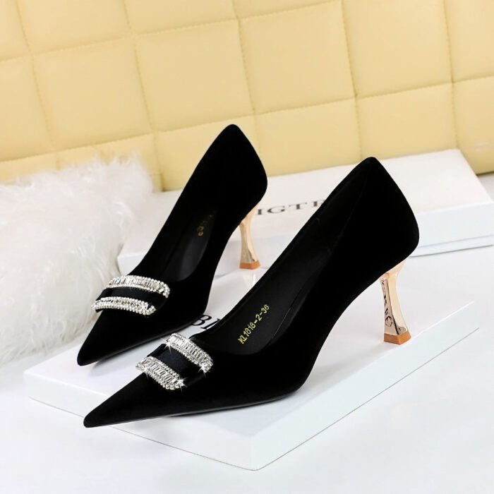 big tree shoes 1818-K76 European and American Style Fashion Banquet Women's Shoes High Heel Low-Cut Pointed Xi Shi Suede Metal Rhinestone Buckle Pumps - Image 3