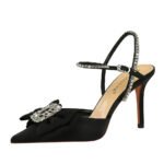 BIGTREE SHOES 221-H32 Korean Style Banquet Summer High Heel Shoes Shallow Mouth Pointed Toe Satin Rhinestone Word with Bowknot Sandals for Women - Image 5