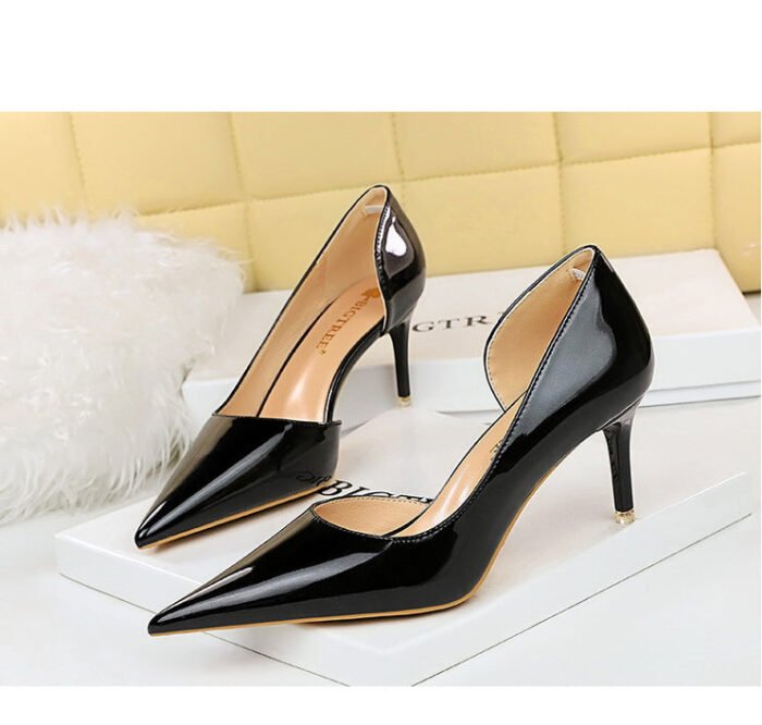 1363-A2 Korean fashion slim banquet fine heel high heel shallow pointed side hollow patent leather women's shoes single shoes high - Image 22