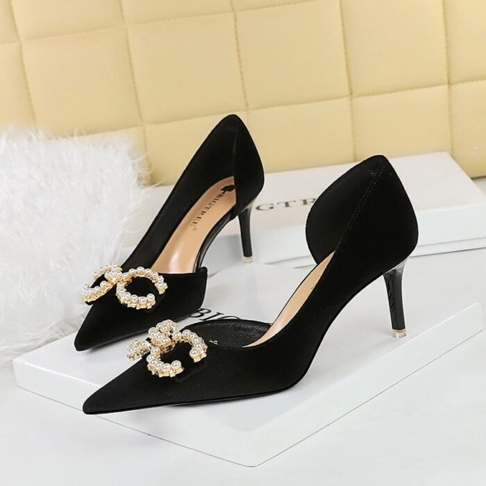 BIGTREE SHOES 1363-Ak79 Banquet Women's Shoes High Heel Suede Shallow Mouth Pointed Side Hollow Rhinestone Buckle Pearl Bow Pumps - Image 2