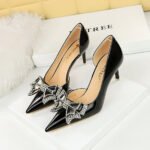 BIG TREE SHOES 638-Ah18 European and American Banquet Women's Shoes Stiletto Heel Patent Leather Low-Cut Pointed Toe Side Hollow Rhinestone Bow Pumps - Image 3
