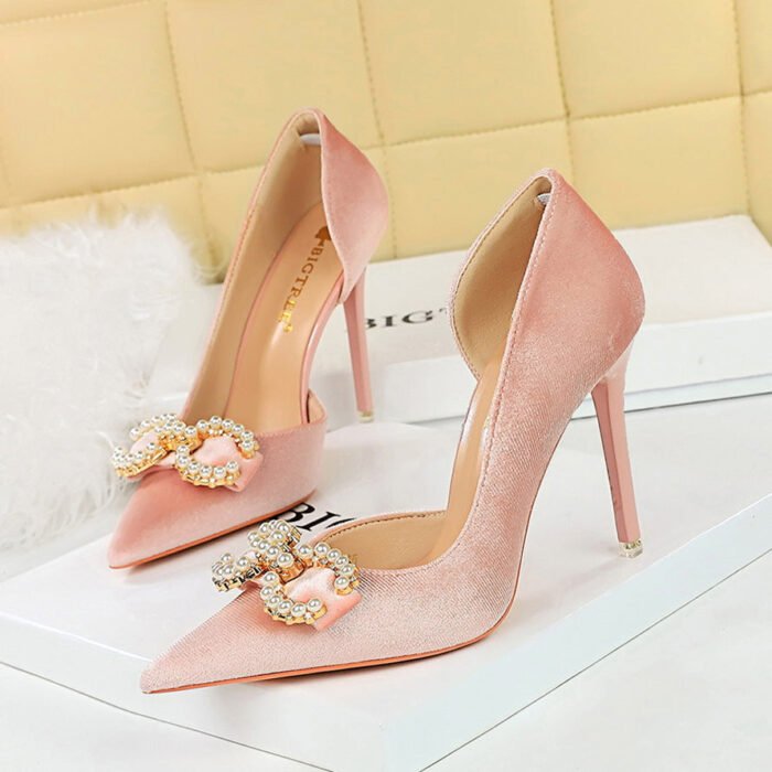 Bigtree Shoes 1363-K79 Banquet High Heels Shallow Mouth Pointed Thick Suede Side Hollow Pearl Rhinestone Buckle Bow Shoes - Image 4