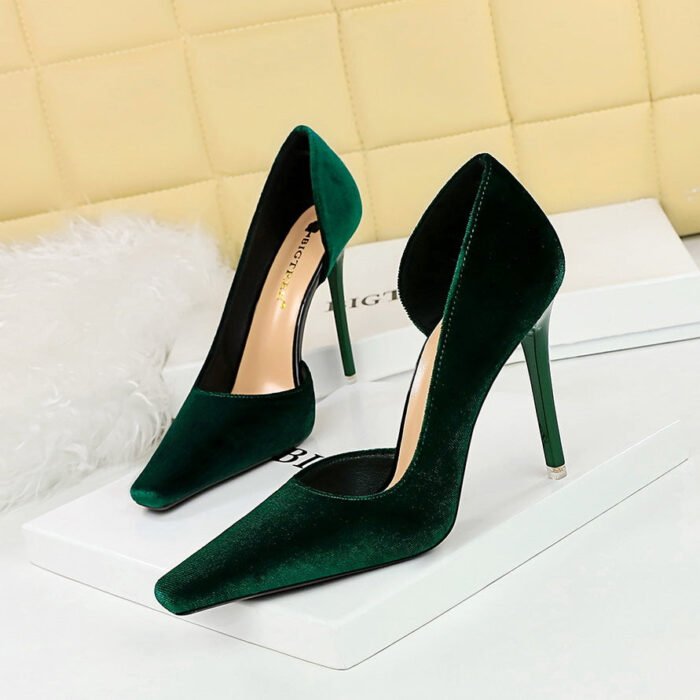 BIG TREE SHOES 3287-2 European and American Style Banquet High Heels Women's Shoes Stiletto Heel Xishi Suede Low-Cut Square Toe Side Hollow Pumps - Image 2