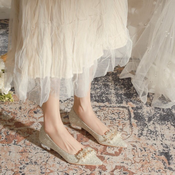 229-7 French Pointed Flat Low Heel High-Grade Wedding Shoes Bridesmaid Shoes Wedding Dress Two-Way Wear - Image 2