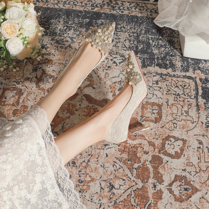 840-12 Rhinestone Pearl High Heels Women Xiuhe Wedding Shoes Stiletto Pointed Toe Large and Small Size Party Shoes - Image 3