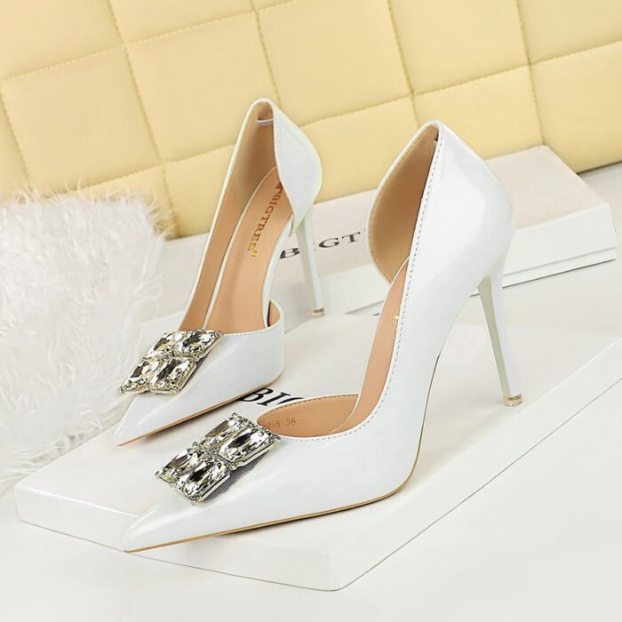 BIGTREE SHOES 638-K58 High Heel Stiletto Patent Leather Shallow Pointed Toe Square Rhinestone Buckle Single Shoes for Women - Image 4