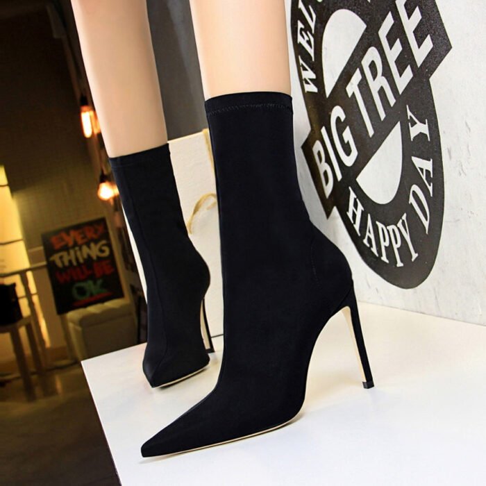 BIG TREE SHOES 315-1 European and American Simple Women's Boots Stiletto Heel Sexy Nightclub Pedicure Slimming Pointed Lycra Elastic Booties - Image 1