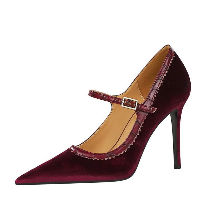 BIGTREE SHOES 1198-7 European and American Style Banquet High Heels Stiletto Heel Shallow Mouth Pointed Toe Thick Suede Strap Women's Shoes - Image 5